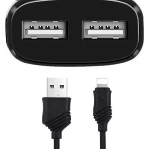 СЗУ Hoco C12 2 USB + кабель iPhone 2.4A черный