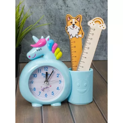 Часы-будильник с подставкой для канцелярии «Rainbow unicorn», blue