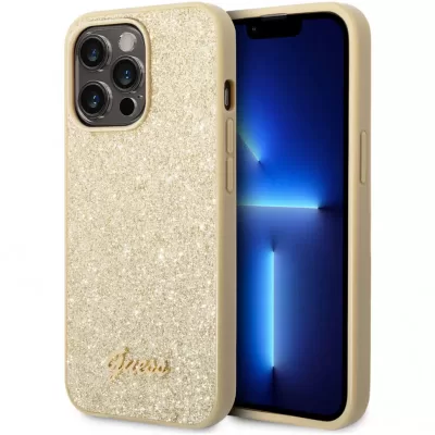 Чехол iP 14 Pro Max Glitter Flakes Metal logo (Gold)