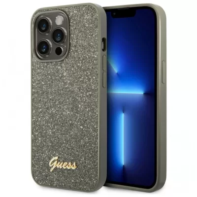 Чехол iP 14 Pro Glitter Flakes Metal logo (Grey)