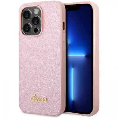 Чехол iP 14 Pro Max Glitter Flakes Metal logo (Pink)