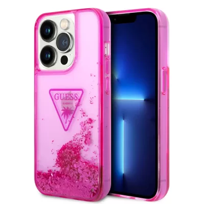 Чехол iP 14 Pro Max Liquid glitter Triangle logo Hard Translucent (Pink)