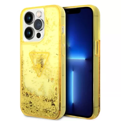 Чехол iP 15 Pro Liquid glitter Triangle logo Hard Translucent (Yellow)