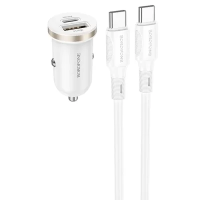 АЗУ Borofone 1USB, 1Type-C BZ22 c кабелем Type-C/Type-C 30W DC12-24V, белый