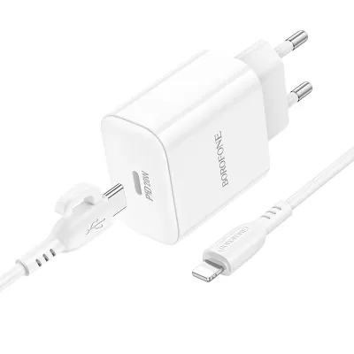 СЗУ Borofone BA81A 1xUSB, 1Type-C, 3.0A PD 20W с кабелем Lightning, быстрая зарядка, белая