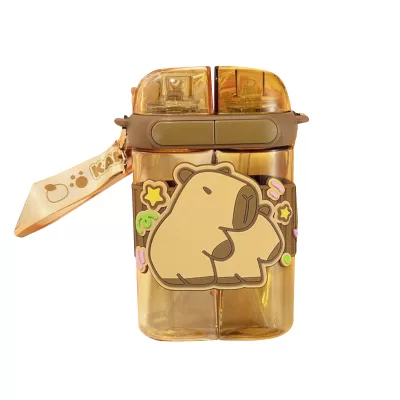 Бутылочка двойная, с трубочкой "Капибара" коричневый, 600мл