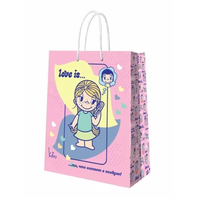 Пакет подарочный "Love is. Большой мятный с розовым" (220*310*100 мм)