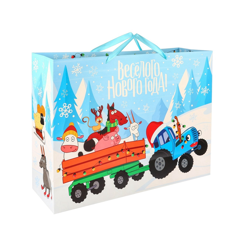 Пакет подарочный на Новый год, 61×46×20 см, упаковка, Синий трактор
