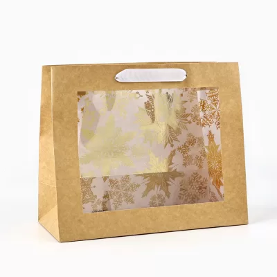 Пакет подарочный новогодний крафтовый с пластиковым окном Gold, 24×20×11 см