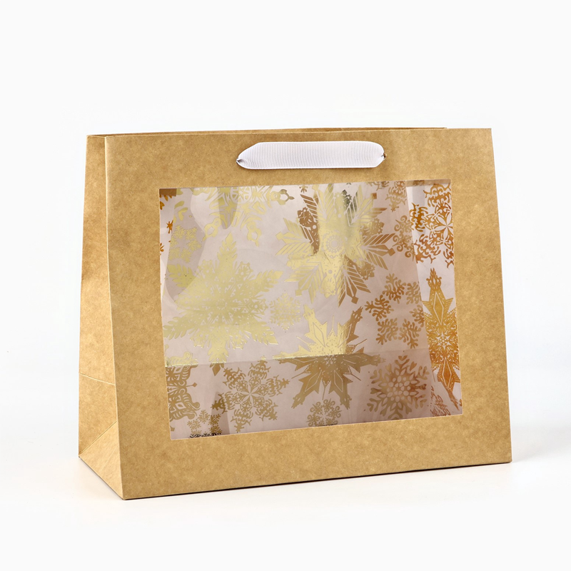 Пакет подарочный новогодний крафтовый с пластиковым окном Gold, 24×20×11 см