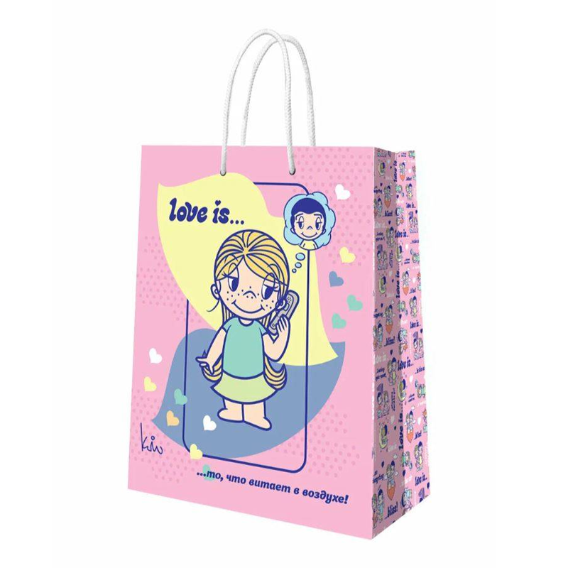 Пакет подарочный L 22*31*10см "Love is. Большой мятный с розовым"