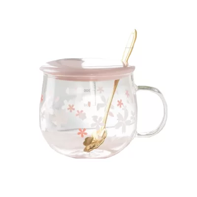 Кружка "White and pink flowers" с крышкой и ложкой, 400мл