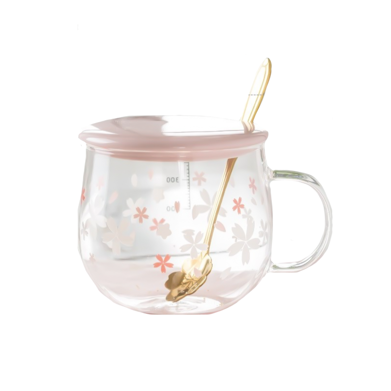 Кружка "White and pink flowers" с крышкой и ложкой, 400мл