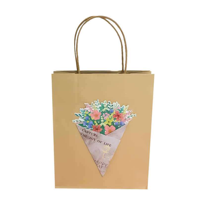 Пакет подарочный крафтовый "Коричневый Крафт", разноцветные цветы (21*25,5*10)